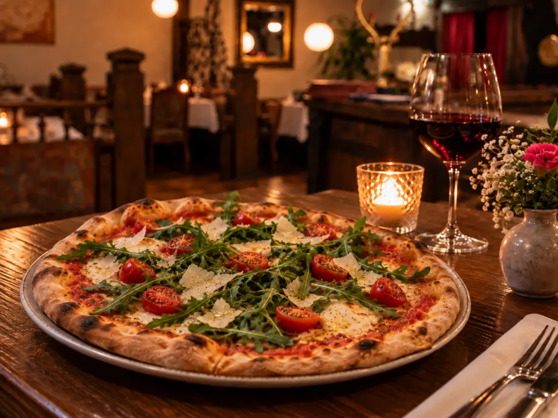 Dinkelpizza mit Rucola, Kirschtomaten und Parmesan
