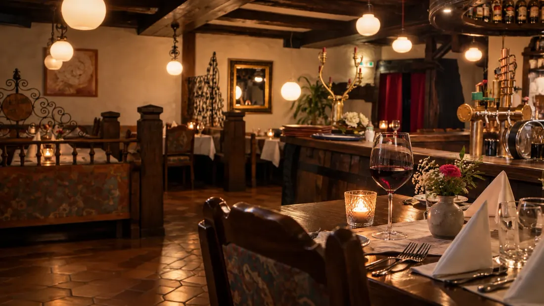Gedeckter Tisch mit Rotwein und Windlicht in der abendlichen Gaststube