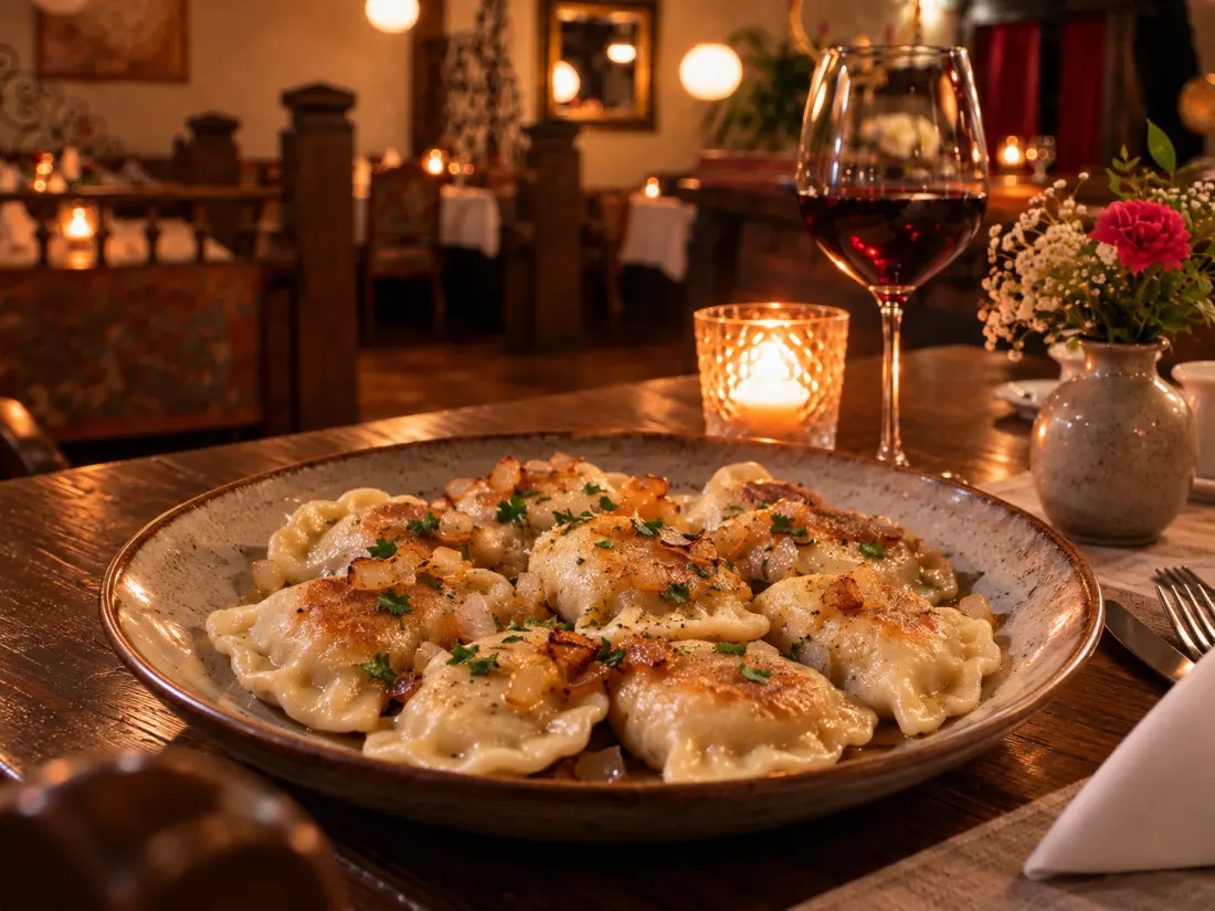 Hausgemachte Pierogi mit gebratenen Zwiebeln