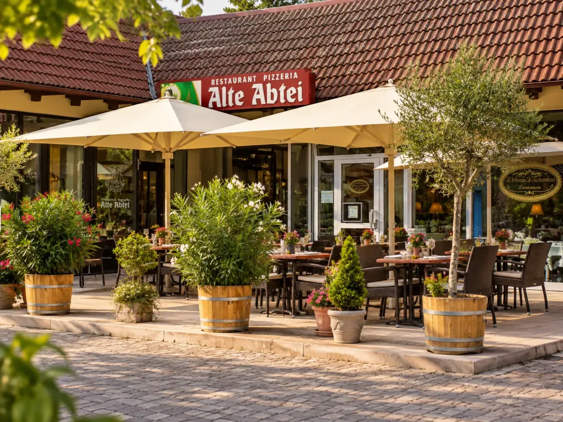 Die Terrasse der Alten Abtei mit Sonnenschirmen, Oleander und Olivenbaum