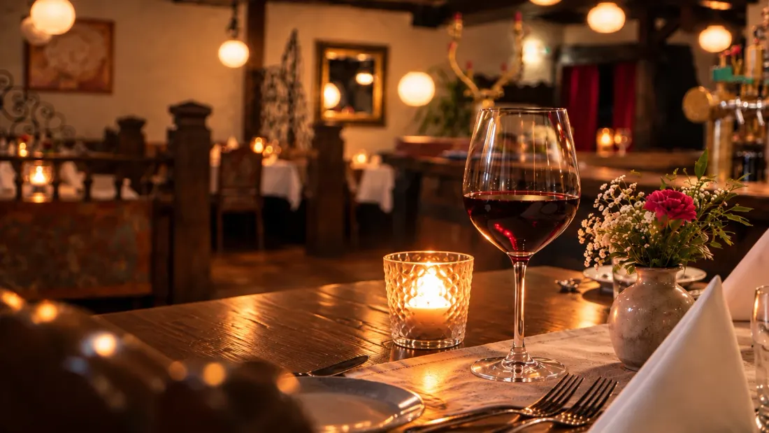 Rotwein und Kerzenlicht auf dem Tisch, im Hintergrund die Gaststube